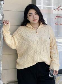 Dazy Plus 加大码宽松针织套头衫，拉链领，刺绣装饰，适合冬季、秋季女装 - 杏色 - 查看 5