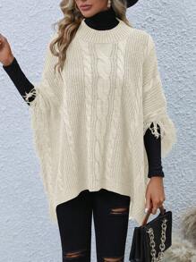 SHEIN LUNE Women Casual Street Style Solid Color Fringe Trim Batwing Cable Knit Pullover Sweater Knit Pullover Fall Winter - Apricot - View 5