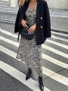 Serisse 女士 V 领长袖豹纹休闲中长连衣裙，复古，优雅女士，节日服装，商务休闲女士，女士连衣裙，优雅女士秋季女装，派对服装圣诞服装约会服装派对服装，冬季女装，节日服装，感恩节服装，秋冬 - 彩色 - 查看 4