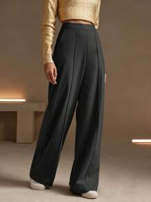 Anewsta 女士纯色保暖优雅休闲宽松直筒裤/长裤 - 深灰色 - 查看 3