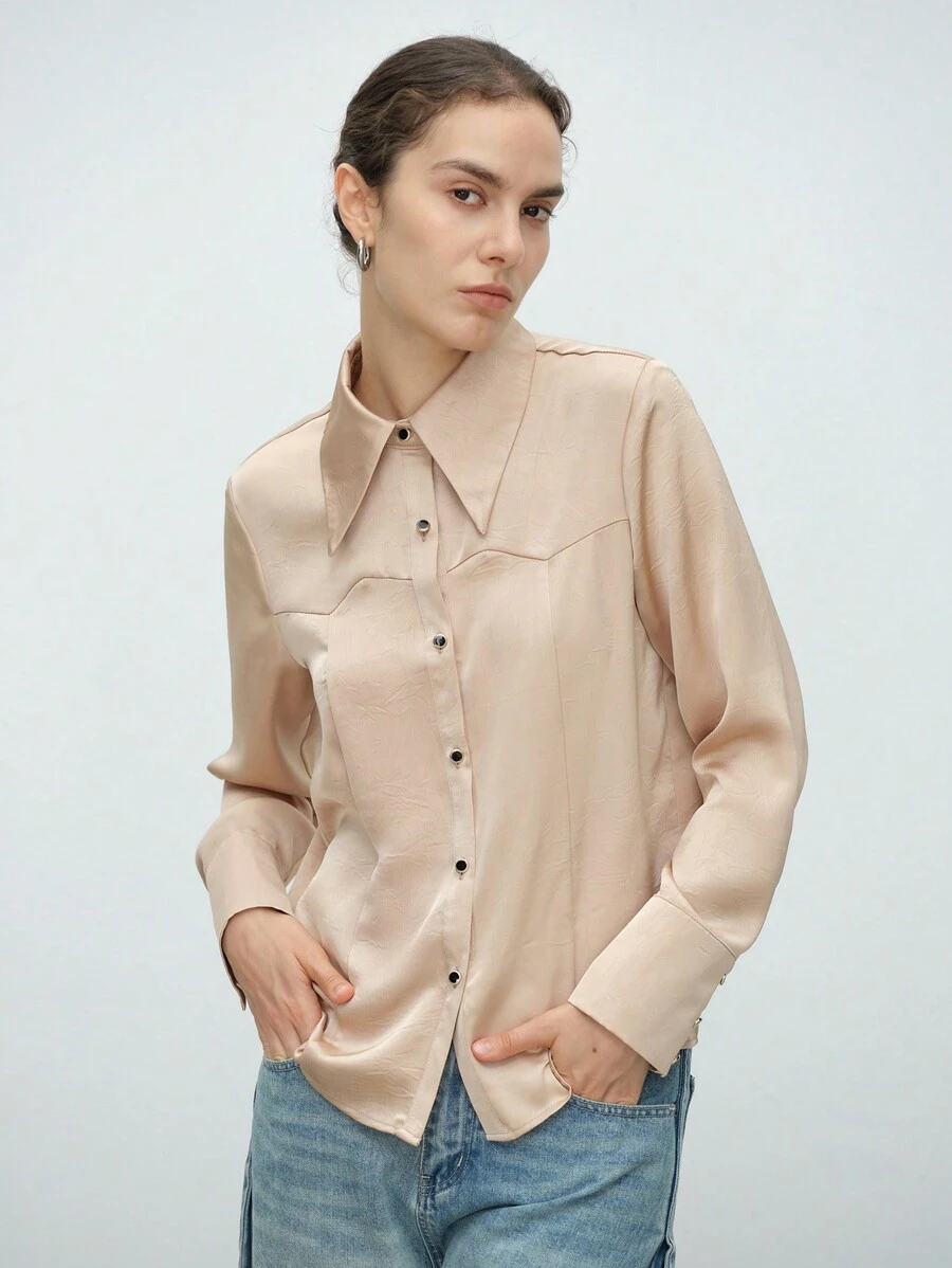 SHEIN LUNE Women's Elegant Fashionable Commuter Long Sleeve Stand Collar Open Front Textured Solid Color Shirt - Champagne - View 1