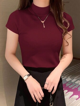 EMERY ROSE Women Half-Turtleneck Solid Color Fitted Pullover Short Sleeve Knit Top, Autumn & Winter