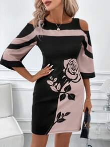 SHEIN Clasi Women's Black & White Contrast Rose Print Strapless Elegant Dress - Dusty Pink - View 4