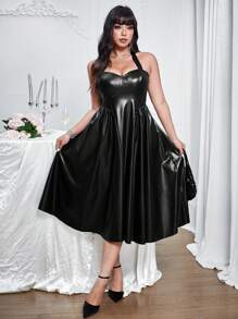 Allurite Plus Size Solid Color Tie-Side Ruched Flare Hem Sleeveless PU Midi Dress, For Winter