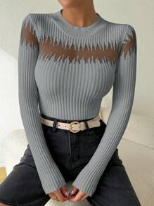 SHEIN Essnce 2024 New European Autumn/Winter Distinctive Base Layer Knit Sweater, Sexy Splice See-Through Long Sleeve Top - Grey - View 6