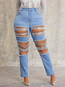 SHEIN SXY Jeans de talla grande de mezclilla sin estiramiento con agujeros sexy rasgados, decoración brillante y cintura elástica - Lavado ligero - Ver 5