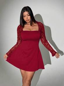 Viva Relle 大码纯色蕾丝拼接圆领休闲短款连衣裙新年衣服 - 紅色 - 查看 4