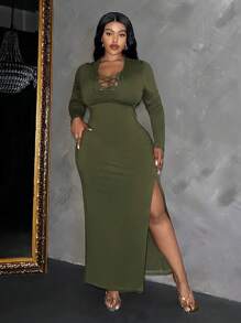 Slaydiva Elegant & Casual Basic Tight-Fitted Solid Color V-Neck Tie Knot Hem High-Slit Long Sleeve Dress, Plus Size Women, Spring/Autumn - Army Green - View 4