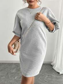 INAWLY Plus Size Solid Color Round Neck Casual Versatile Short Sleeve Dress - Grey - View 3