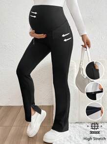 SHEIN Maternity Casual Solid Color High Waist Slim Fit Flare Leg Pants - Black - View 3