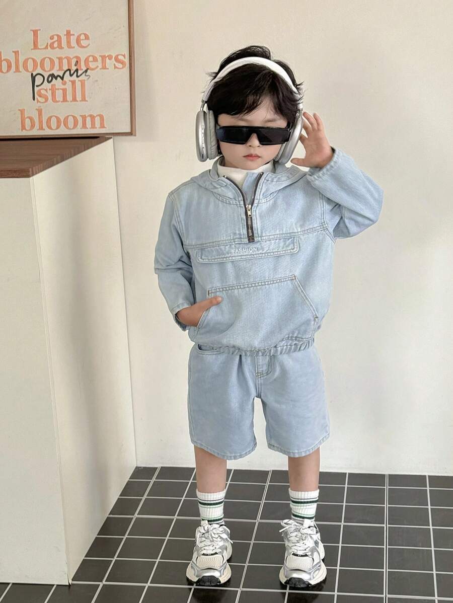 Young Boys Casual Light Wash Denim Two-Piece Outfit With Hooded Zipper Jacket And Bermuda Shorts - Light Wash - View 1