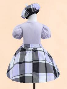 SHEIN 2pcs/Set Young Girl Solid Color Round Neck Puff Sleeve Top And Plaid Skirt + Hat - Purple - View 2