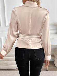 SHEIN Clasi 女士缎纹衬衫，优雅工作服，香槟色，柔软高档缎纹面料，环绕式领带，长袖