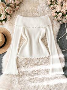 Calvaya 3D Floral Off Shoulder Knit Sweater, Slim Silhouette Asymmetrical Sleeve Versatile Women's Pullover Top, Autumn/Winter