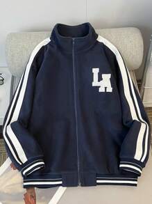 SHEIN Leap Crew 青少年男孩拼色立领字母印花拉链夹克外套，保暖内衬，适合秋冬季，运动休闲户外 - 灰色 - 查看 3