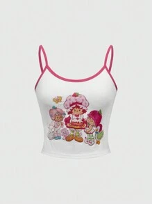 Strawberry Shortcake | ROMWE Regata Feminina Casual e Fofa, Estampa de Desenho Animado com Viés Contrastante, Adequada para o Verão