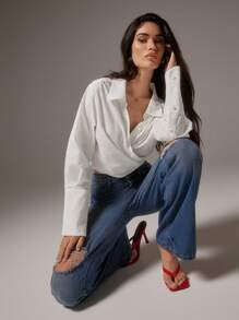 SHEIN Unity 1pc Women Solid Color Cross Wrap Ruched Elegant Office Long Sleeve Blouse - White - View 5