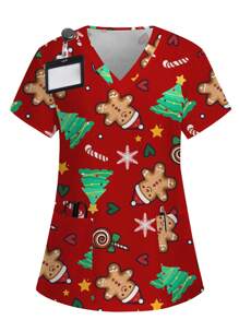 PopScrub Women's Gingerbread & Christmas Tree Print V-Neck Short Sleeve Scrub Uniform Top - Red - View 3