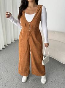 Calvaya Mono de pana de color marrón sólido talla grande, suave y cómodo, diseño sencillo para ir al trabajo y uso casual - Marrón - Ver 1