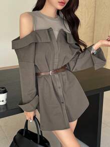 DAZY 撞色露肩长袖宽松可拆卸腰带女士衬衫、秋装、返校服 - 棕色 - 查看 5