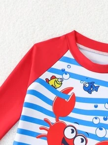 SHEIN 2 件装男婴可爱螃蟹印花插肩袖上衣和条纹泳裤，适合海滩、泳池、游泳、水上乐园、冲浪、夏季 - 彩色 - 查看 5