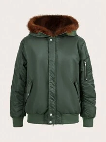 AiiRZ 毛皮装饰连帽飞行员夹克冬季飞行夹克绗缝外套保暖羽绒拉链滑雪运动外套秋季户外服装 - 軍綠色 - 查看 1