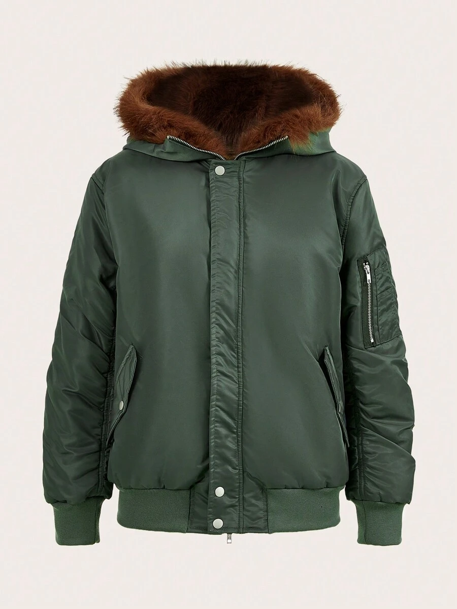 AiiRZ 毛皮装饰连帽飞行员夹克冬季飞行夹克绗缝外套保暖羽绒拉链滑雪运动外套秋季户外服装 - 軍綠色 - 查看 1