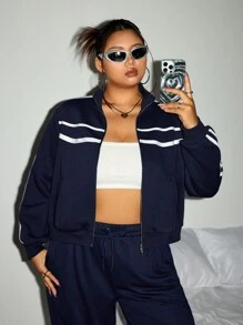 SHEIN ICON 大码女式海军蓝撞色白色运动衫 - 藍色 - 查看 4