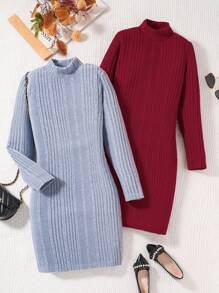 Bộ váy dài tay cổ cao không đối xứng họa tiết thường ngày thu/đông cho bé gái tuổi mới lớn 2 chiếc, phù hợp cho trang phục hàng ngày, đi làm, ngày lễ - Nhiều màu - Xem 1