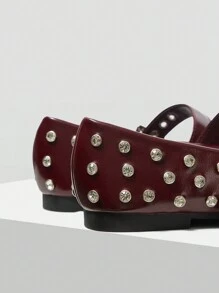 MOTF PREMIUM 女士新款欧美时尚水钻蝴蝶结装饰搭扣平底圆头鞋，百搭舒适轻便，简约仙气，优雅玛丽珍鞋 - 酒紅色 - 查看 6