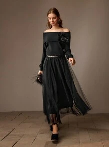 MOTF PREMIUM FOLDOVER OFF SHOULDER STEREO FLOWER DETAIL SWEATER - Black - View 7