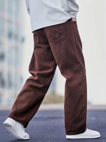 Manfinity Hypemode Plus Size Men Wide Leg Solid Color Pocket Casual Loose Denim Pants, Plain Long Straight Leg Dark Jeans Washed Cargo Jeans, For Husband, Boyfriend Gifts - Coffee Brown - View 2