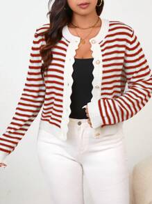 SHEIN Frenchy 大码女装秋季长袖简约条纹开衫适合日常穿着，秋季女装，秋冬毛衣，女士开衫，女士毛衣，家居毛衣，优雅外出毛衣开衫，秋季女装，圣诞节，圣诞毛衣，家居毛衣，条纹开衫，秋冬长袖毛衣