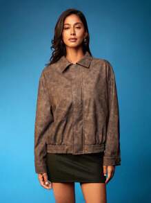 Opulessa Casual Solid PU Leather Collar Dropped Shoulder Long Sleeve Loose Women Regular Jacket