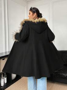 Calvaya Plus Size Thermal Lined Hooded Mid-Length Overcoat With Button Closure, Autumn/Winter - Black - View 2