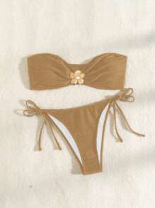 SHEIN Swim Metal Flower Decor Textured Bandeau Bikini Set For Women, Summer Beach - Khaki - View 5