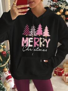 INAWLY Pink Leopard Print Christmas Tree Sweatshirt, Christmas Hooded Sweatshirt - Black - View 1