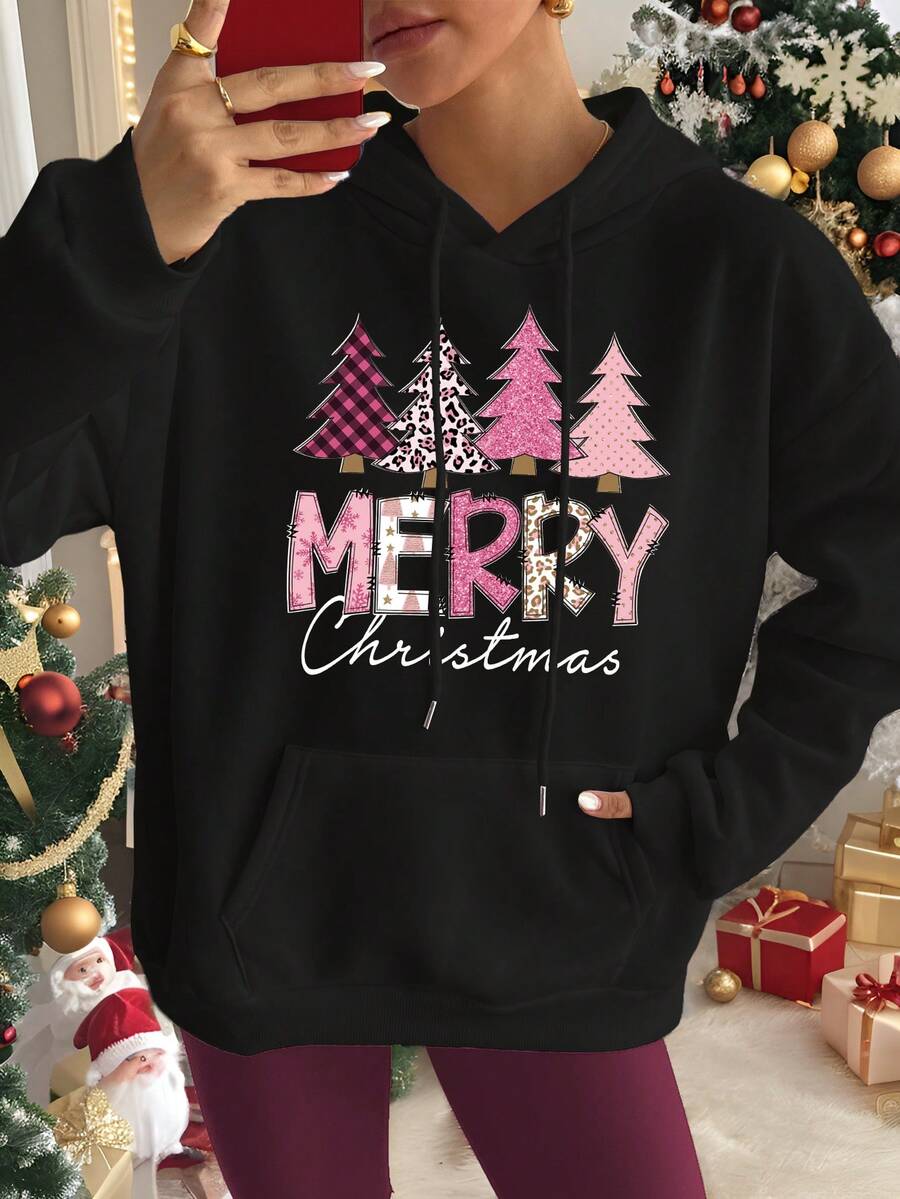 INAWLY Pink Leopard Print Christmas Tree Sweatshirt, Christmas Hooded Sweatshirt - Black - View 1