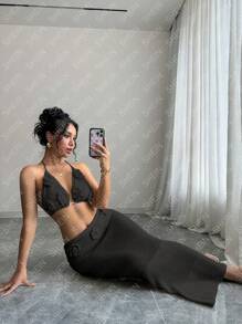 SHEIN Unity 2pcs/Set Solid Color Halter Backless Top And Floral Print Bodycon Skirt - Black - View 4