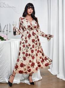 SHEIN Unity Vestido de terciopelo con cuello en V, recorte de volante y estampado floral en talla grande, vestido formal para fiesta/Navidad, otoño/invierno - Multicolor - Ver 3