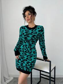Elenzga Abito corto casual da donna con stampa leopardata, maniche lunghe e senza schienale con lacci - Verde - Visualizzare 4