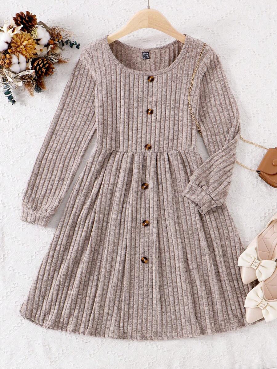 SHEIN Women Vertical Stripe Rib Knit Casual Comfortable Long Sleeve Autumn/Winter Parent-Child Dress