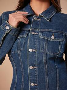 Forever 21 Winter Turndown Collar, Cinched Waist, Retro Washed High Street Long Sleeve Denim Jacket, For Commuting, New Winter Turndown Collar Deep Blue Washed Casual High Street Button Denim Long Sleeve Jacket New Years Eve New Years Y2k Clothes - Blue - View 7