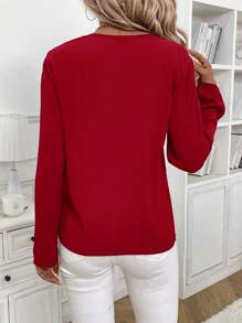 SHEIN Clasi Women's Solid Notched Neck White Blouse - Red - View 2