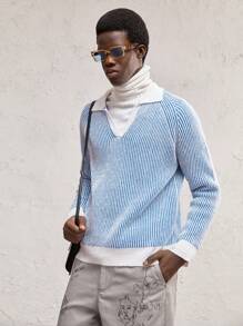 AKNOTIC Business Casual Men Contrast V-Collar Striped Color Block Pattern Urban Raglan Sleeve Pullover Long Sleeve Sweater, For Old Money Men, Boyfriend Gift, For Fall, Winter, Spring - Multicolor - View 5