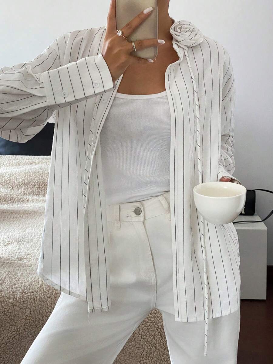 SHEIN Frenchy Women Striped 3D Floral Scarf Tie Bow Shirt,Removable Tie, Set Of Two ,Elegant Women Fall Women Clothes ,Casual Daily Wear,FW24,Commute,Minimalist,Office,Old Money,Simple,Casual Daily Wear,Christmas,Thanksgiving Women ,New Years,New Year Eve,Autumn/Winter - Multicolor - View 1