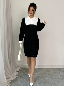 Elenzga Damen Farbblockkleid mit langem Arm, formanliegend und elegant