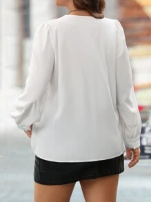 SHEIN Clasi Women Elegant Ruched Shoulder Tie Front Bowknot Pearl Button Blouse - White - View 2