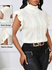 SHEIN Lady Áo len dệt kim viền bèo nhún Four Season Wedding Guest White TOPs - Màu be - Xem 3