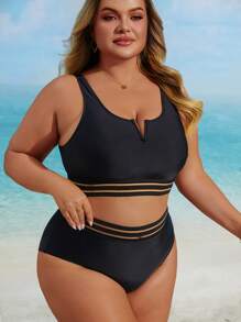 大码纯色无袖两件套比基尼泳装套装夏季